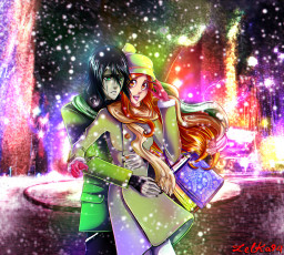 Картинка аниме bleach рыжая брюнет девушка парень пара любовь снег зима романтика улица орихиме улькиорра арт блич объятия