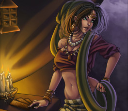 Картинка фэнтези девушки гадалка украшения волосы карты магия взгляд лицо браслеты рука