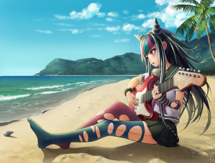 Картинка аниме -headphones+&+instrumental девушка ракушка гитара песок пляж пальма