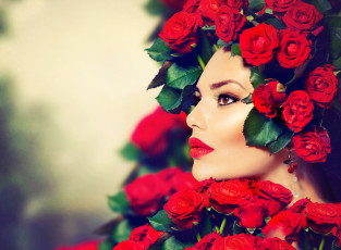 Картинка девушки -unsort+ лица +портреты розы серьги красные губы макияж взгляд профиль девушка