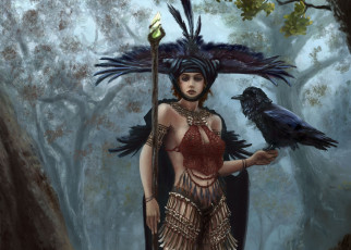 Картинка фэнтези девушки перья ворон птица девушка головной убор посох