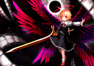 Картинка аниме touhou улыбка жест оружие меч крылья магия