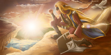 Картинка аниме naruto искуство блондин парень облака небо закат лучи солнце подрывник птица дейдара