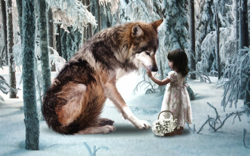 Картинка фэнтези фотоарт волк девочка