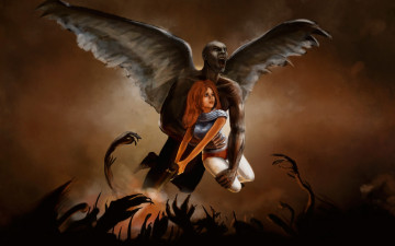 обоя фэнтези, красавицы и чудовища, оружие, арт, демон, крылья, девушка