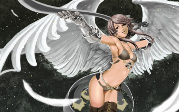 Картинка фэнтези ангелы перья ангел меч крылья девушка