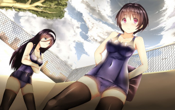 Картинка hyouka аниме школьницы купальник небо облака чулки дерево