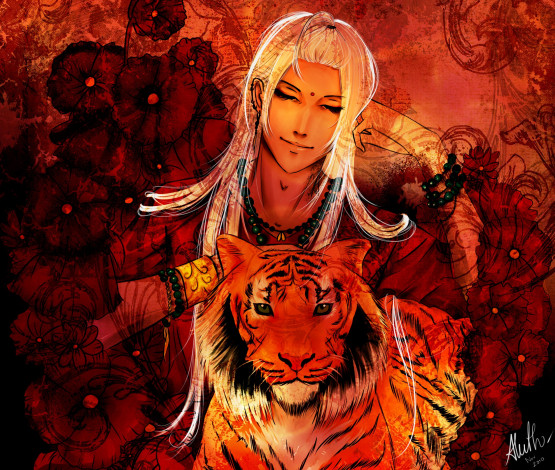 Обои картинки фото аниме, -animals, цветы, волосы, бусы, длинные, парень, тигр, белые