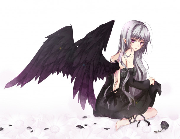 Обои картинки фото аниме, -angels & demons, девушка, крылья, ангел, цветы, лепестки, роза, ленты