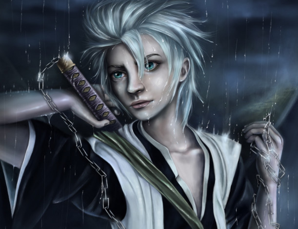 Обои картинки фото аниме, bleach, hitsugaya, toushirou, парень, меч, цепи, дождь