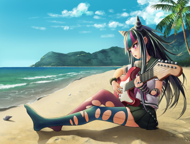 Обои картинки фото аниме, -headphones & instrumental, девушка, ракушка, гитара, песок, пляж, пальма