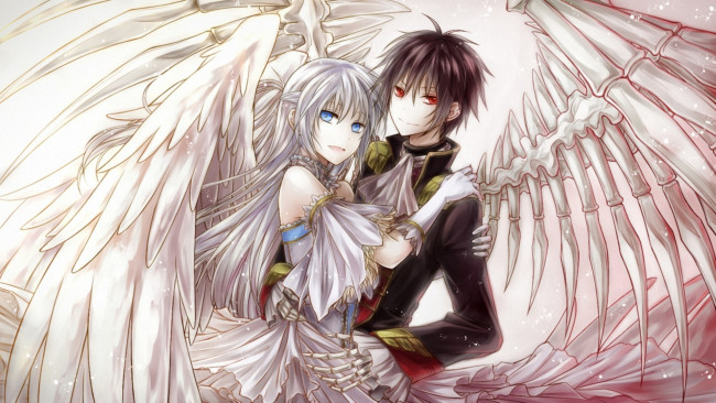 Обои картинки фото аниме, -angels & demons, красные, глаза, девушка, парень, демон, кости, крылья