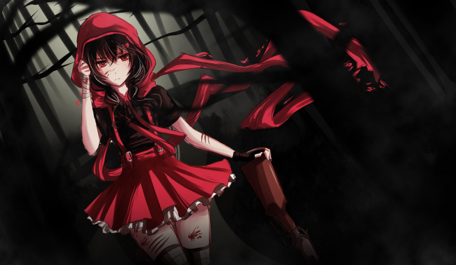 Обои картинки фото аниме, -weapon,  blood & technology, кровь, раны, бинты, лес, красная, шапочка, девочка