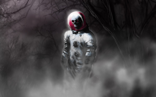 Обои картинки фото космонавт, фэнтези, нежить, скелет, лес, туман