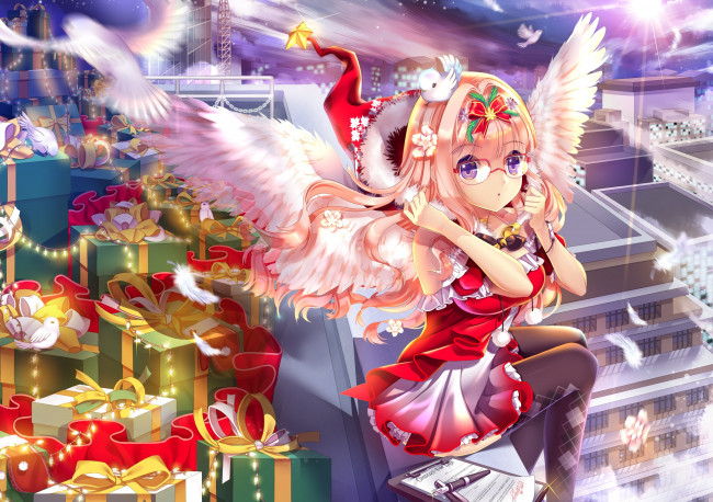 Обои картинки фото аниме, -merry chrismas & winter, девушка, новый, год, подарки, шапка, птица, город, очки, крылья