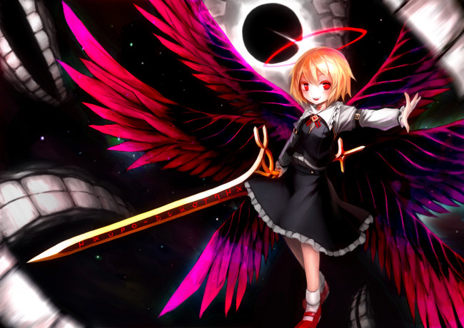 Обои картинки фото аниме, touhou, улыбка, жест, оружие, меч, крылья, магия