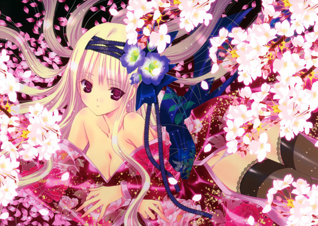 Обои картинки фото аниме, *unknown , другое, девушка, лежа, цветы, кимоно, чулки, лента, лепестки
