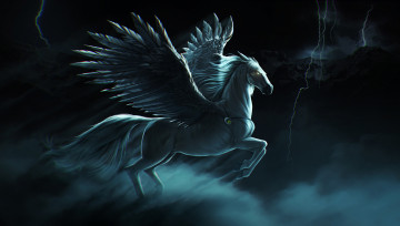 Картинка фэнтези пегасы молния гроза небо крылья лошадь пегас pegasus