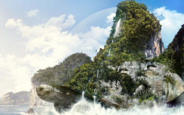 Картинка фэнтези фотоарт черепаха море растения остров гора
