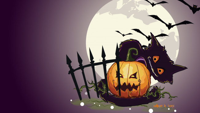 Обои картинки фото праздничные, хэллоуин, hallowen, забор, тыква, кот, ночь, луна