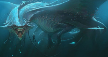 Картинка фэнтези существа монстр дракон подводный мир аквалангист пасть
