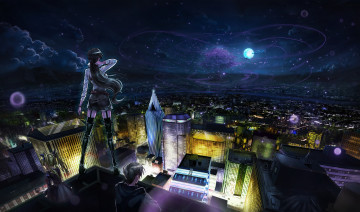 Картинка аниме город +улицы +здания дома облака звезды девушки небо ночь луна арт парень