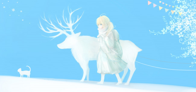 Обои картинки фото аниме, зима,  новый год,  рождество, девочка, олень, кошка, снег