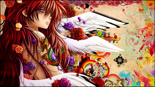 Обои картинки фото аниме, ангелы,  демоны, цветы, тату, краски, дракон