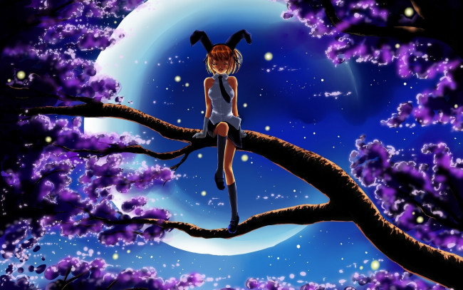 Обои картинки фото аниме, unknown,  другое, девочка, луна, уши, ветка, дерево