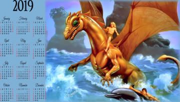 обоя календари, фэнтези, дельфин, юноша, водоем, дракон, мужчина