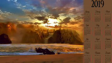 Картинка календари фэнтези водоем закат крепость
