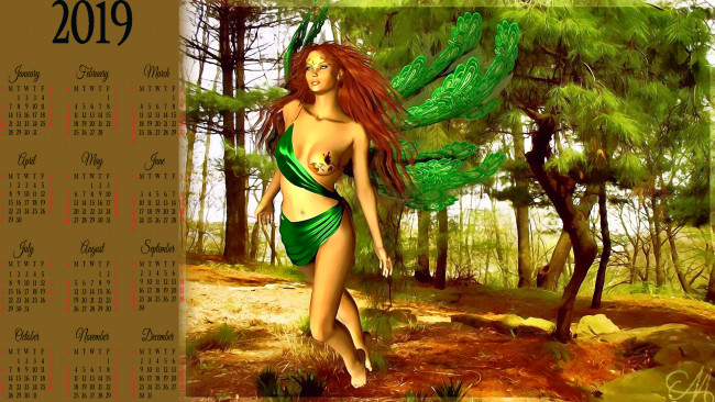 Обои картинки фото календари, 3д-графика, дерево, девушка, крылья