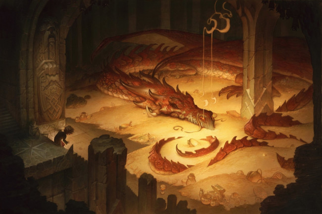 Обои картинки фото фэнтези, _lord of the rings, дракон, золото, хоббит, замок