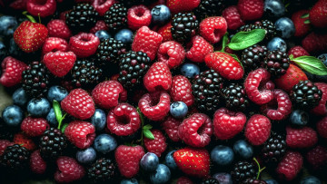 Картинка еда фрукты +ягоды малина ежевика клубника черника