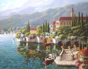 Картинка verenna reflection рисованные bob pejman comune varenna italy painting town view village lake como houses cypress