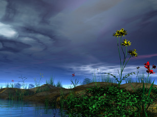 Картинка 3д графика nature landscape природа вечер облака цветы