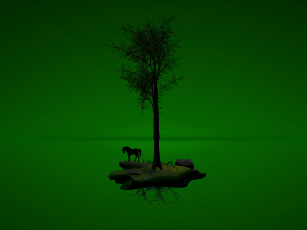 Обои картинки фото 3д, графика, nature, landscape, природа, конь, дерево, зеленый, фон