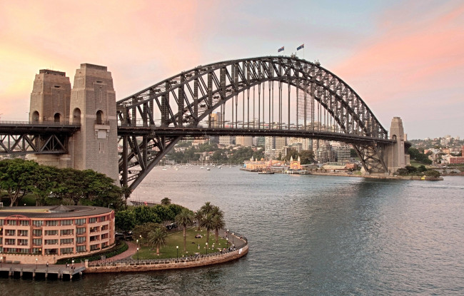Обои картинки фото города, сидней, австралия, мост, вода, закат, флаги