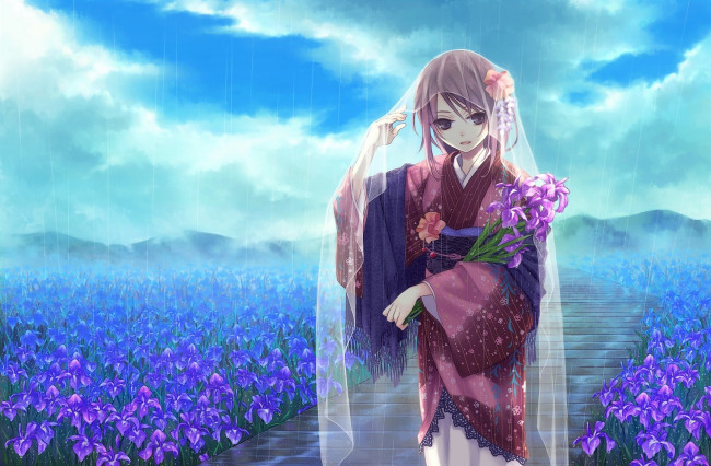 Обои картинки фото аниме, *unknown, другое, поле, сиреневые, девушка, yamyom, кимоно, цветы, накидка, дождь, букет