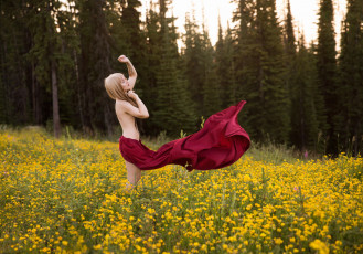 Картинка девушки -unsort+ блондинки лес ветер красная ткань луг девушка