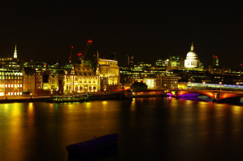 обоя города, лондон , великобритания, ночь, дома, река, лондон, огни