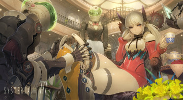 Картинка аниме оружие +техника +технологии цветы одевание девушка ladic арт сидя роботы меха грусть чай нарциссы