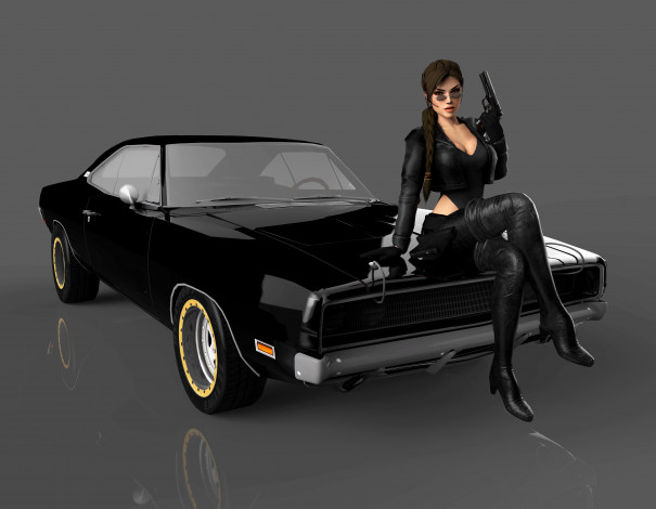 Обои картинки фото автомобили, 3d car&girl, оружие, автомобиль, фон, взгляд, девушка