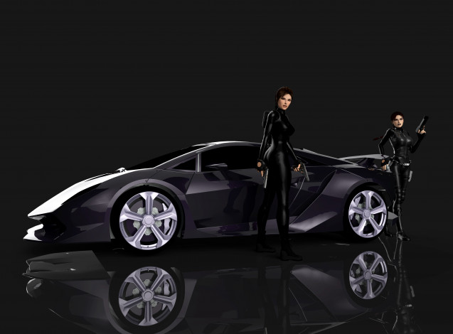 Обои картинки фото автомобили, 3d car&girl, оружие, авьомобиль, фон, взгляд, девушки