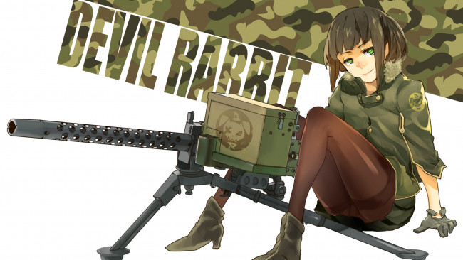 Обои картинки фото аниме, оружие,  техника,  технологии, форма, армейская, пулемёт, девушка, арт, laio