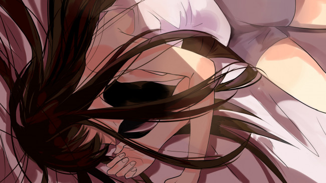 Обои картинки фото аниме, unknown,  другое, шатенка, лежит, девушка, волосы
