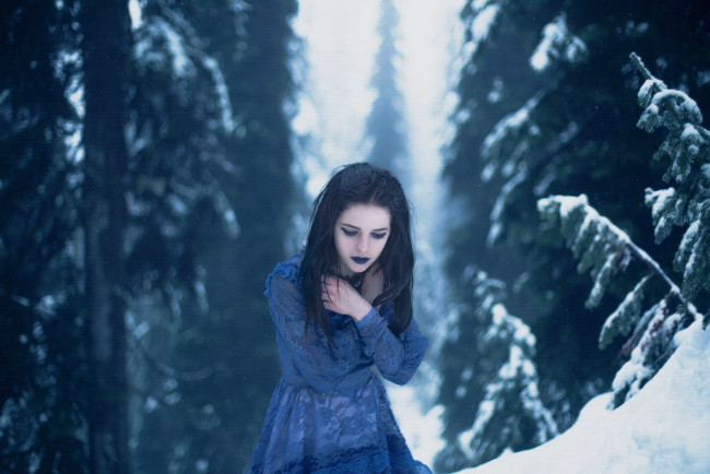 Обои картинки фото девушки, -unsort , брюнетки,  шатенки, деревья, снег, зима, синее, платье, девушка, ели