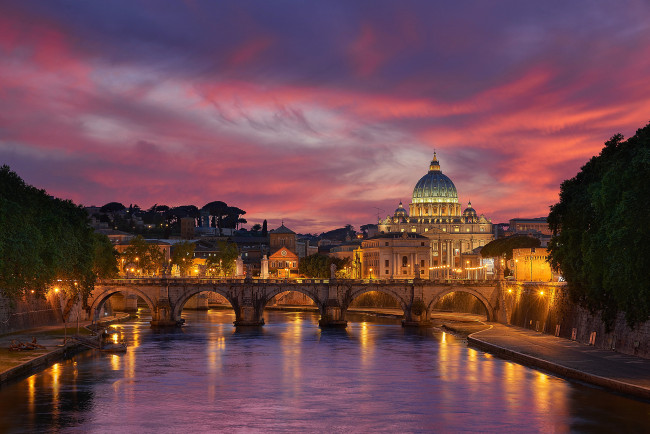 Обои картинки фото города, рим,  ватикан , италия, город, ватикан, весна, май, собор, церковь, мост, река, вечер