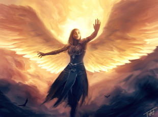обоя фэнтези, ангелы, фантастика, арт, ангел, крылья, девушка, взгляд, полет, облака, птицы