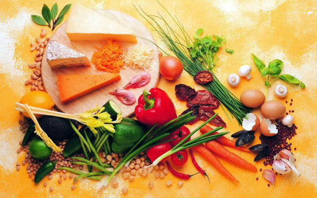 Обои картинки фото еда, разное, овощи, креветки, сыр